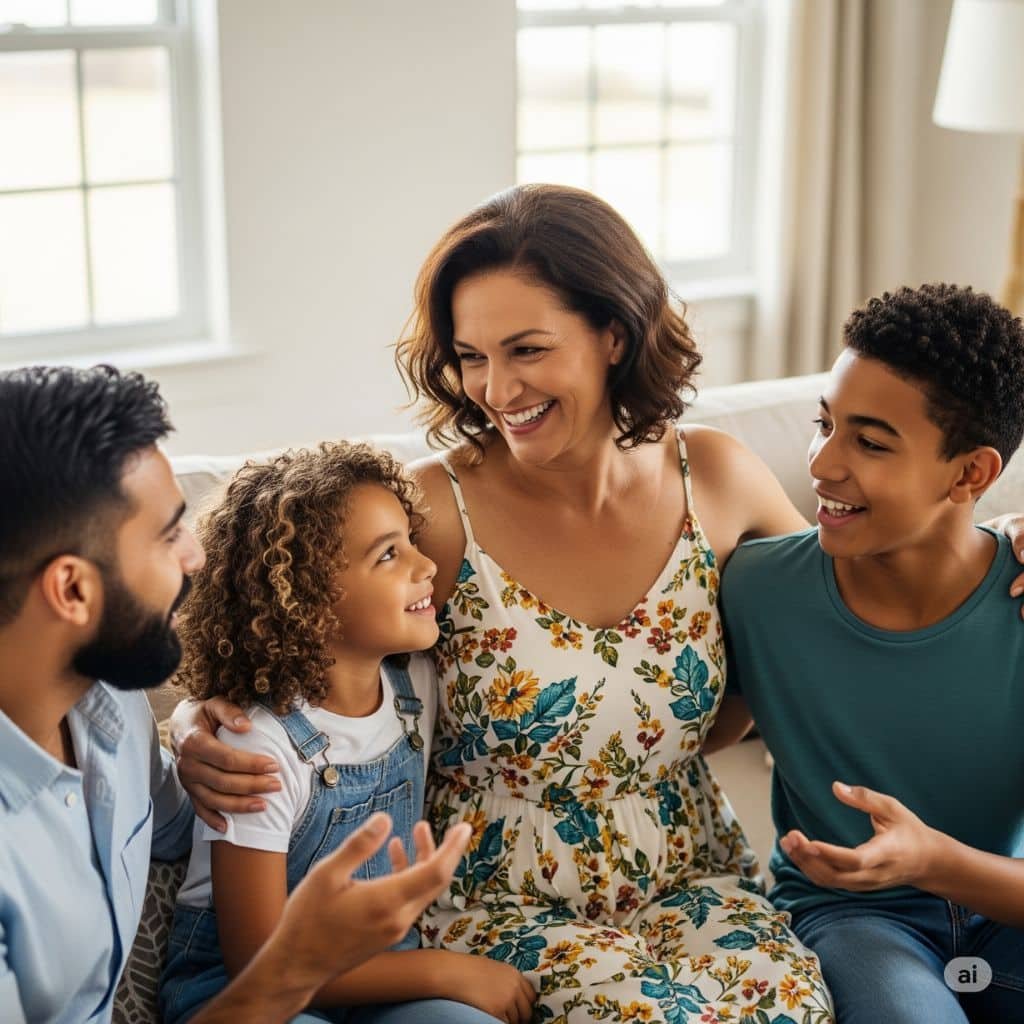 familia de dos hijos sonrientes
