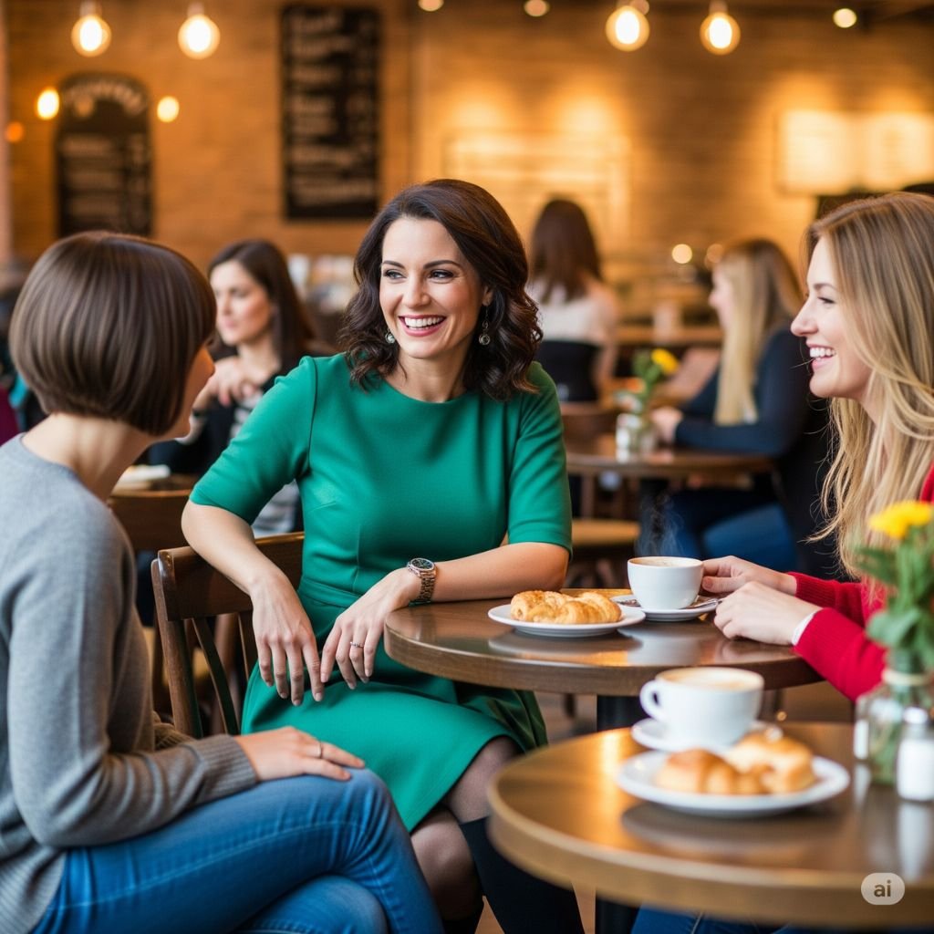 grupo de amigas y colegas compartiendo en un cafe y conversando sobre el desarrollo personal a trves de una mentoria personalizada 3