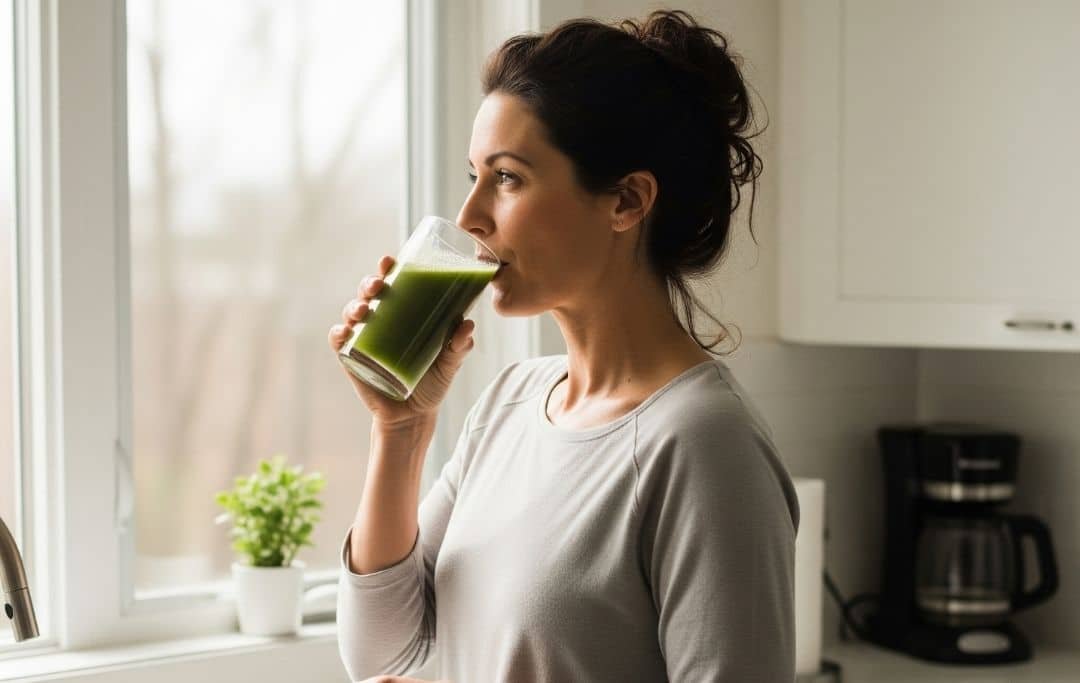 mujer bebiendo jugo verde como rutina matutina