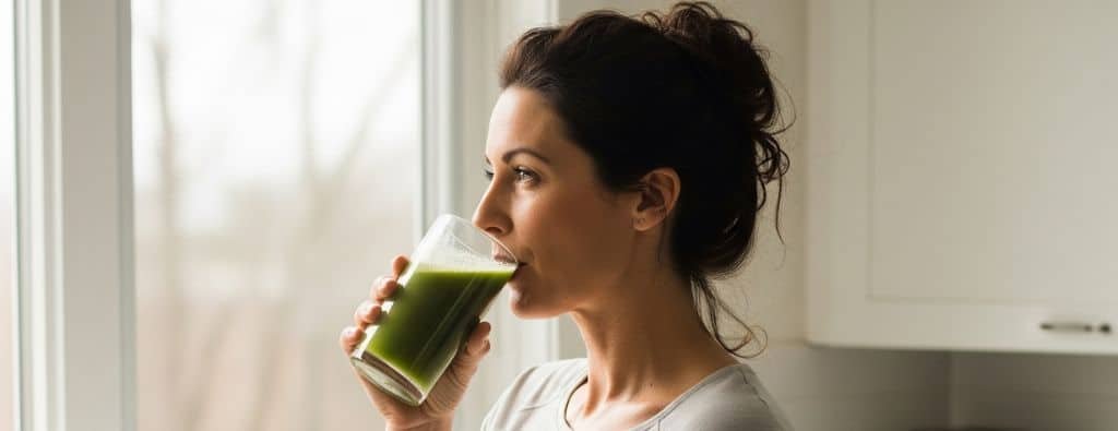 mujer bebiendo jugo verde