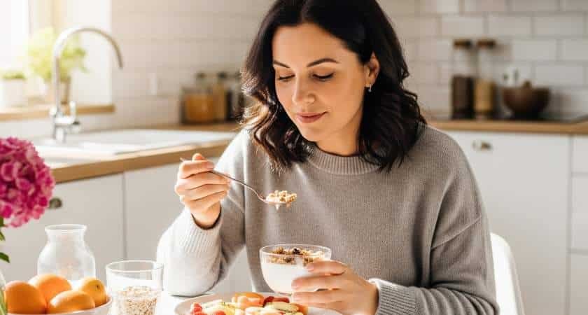 mujer desayunando saludable como parte de los 5 habitos que transforman vida