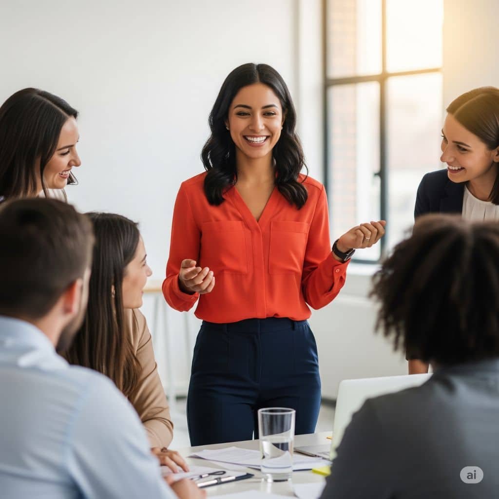 mujer exitosa mostrando confianza en una reunion de trabajo 1