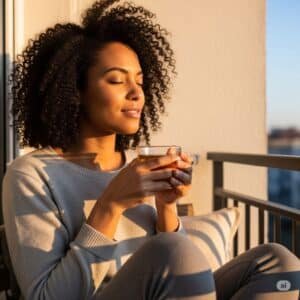 una mujer tomando un te disfrutando de la vista en el balcon
